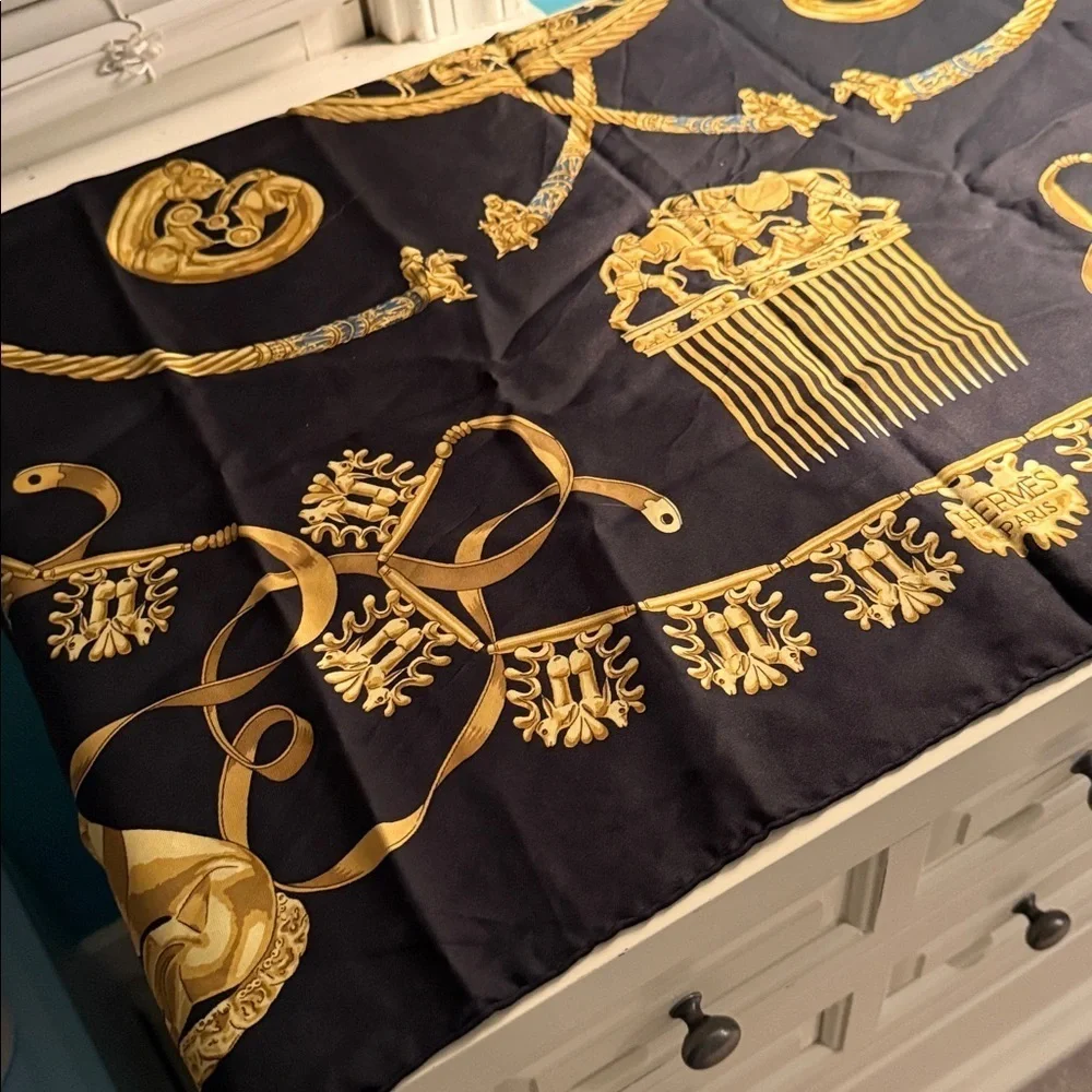 Vintage Hermes Les Cavaliers D'or by Rybal Hermes Cashmere Silk Scarf